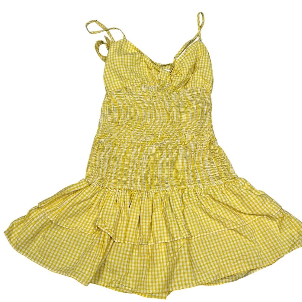 Zara Size M Yellow Gingham Check Print Smocked Ruffle Cutout Back Mini Dress